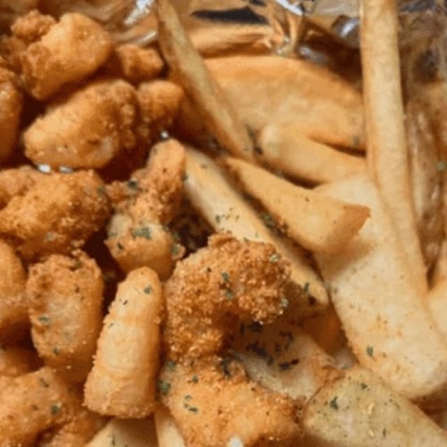 Fried Shrimp with Steak Fries.