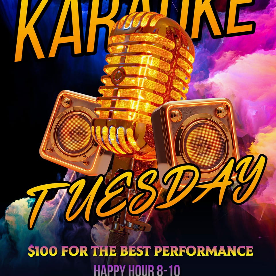 Golden microphone and speakers against a vibrant, smoky background, advertising "Karaoke Tuesday" at Bourbon Square Jazz Bar.